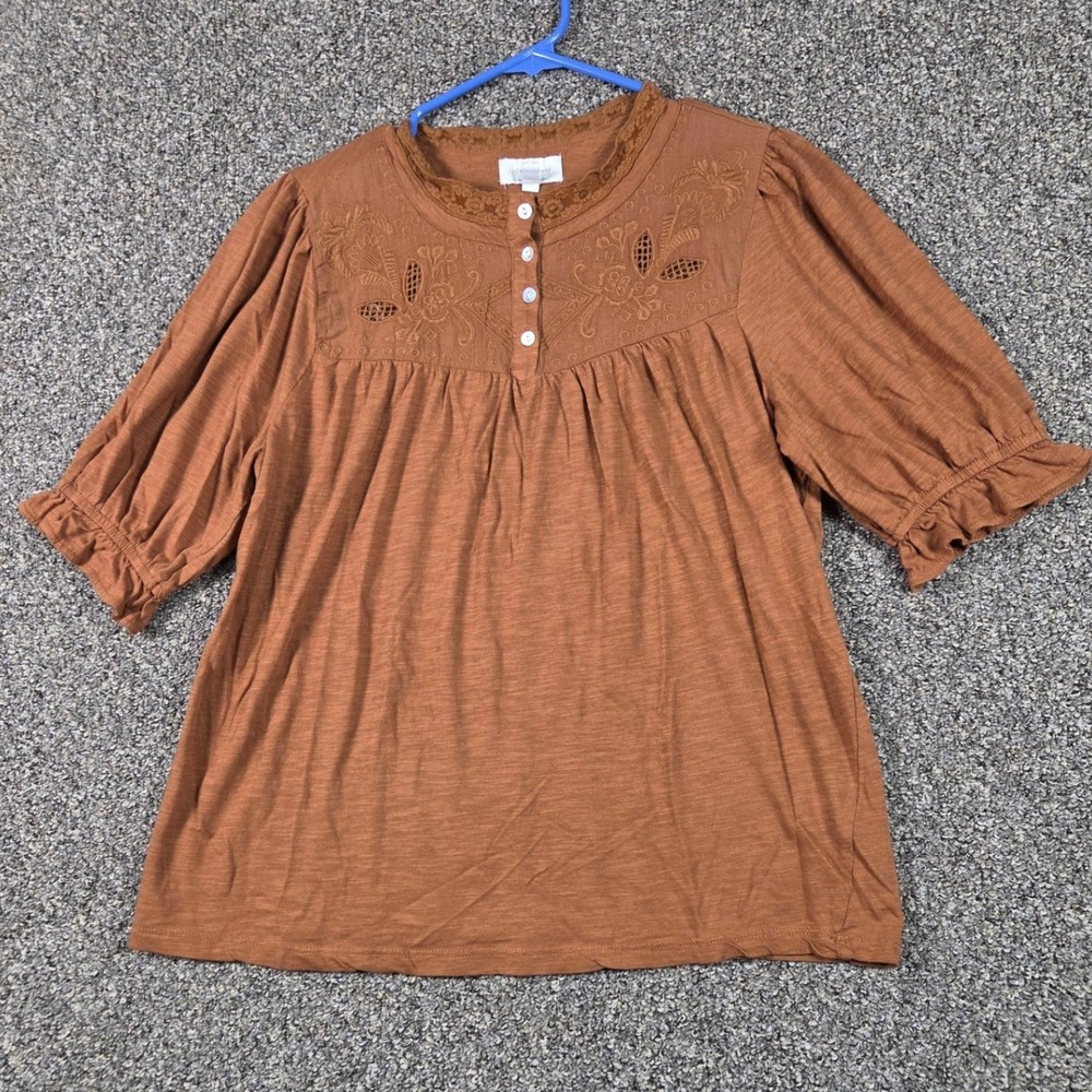 Lucky Brand Henley Top Womens Medium‎ Brown Embroidered Eyelet Puff Sleeve